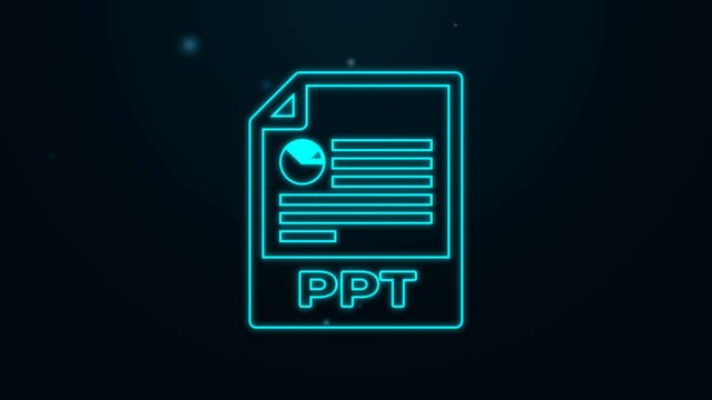 Glowing neon line PPT file document. Download ppt button icon isolated on black background. PPT file presentation. 4K Video motion graphic animation.