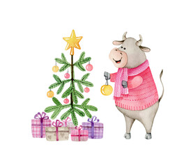 Cute bull dressed in red knitted sweater and scarf decorates Christmas tree. Watercolor illustration isolated on white.