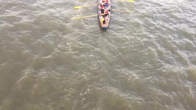 Rowing Row Team Shot From Above Ariel View.  Copy Space Stock Footage - Unidentifiable People Row Rowing 