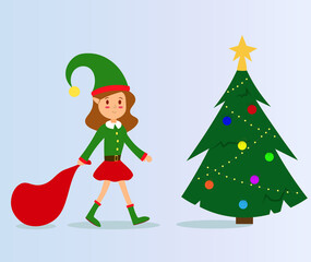 An elf in a Christmas hat, carries a Christmas sack, to a Christmas tree, decorated with Christmas toys.