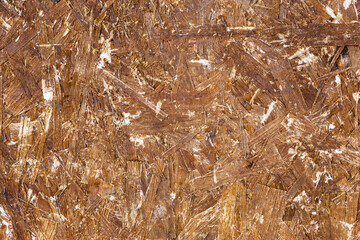 Oriented Strand Board. Chipboard building material. OSB wooden panel made of pressed sandy brown wood shavings as background closeup