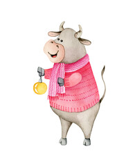 Cute bull dressed in red knitted sweater and scarf holding in its hand Christmas tree yellow ball. Watercolor illustration isolated on white.