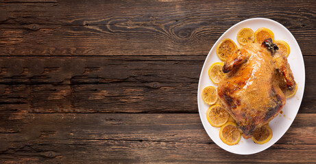 Christmas or Thanksgiving duck baked with spices in the oven.top view