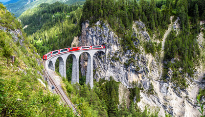 Landscape with Landwasser Viaduct in summer, Filisur, Switzerland. Bernina glacier express runs on amazing railway.