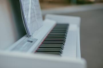 white electric piano and musical before concert. High quality photo