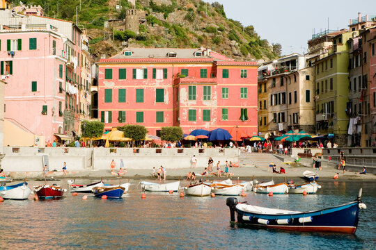 Boats docked at a port, Italian Riviera, Cinque Terre National Park, Piazza Marconi, Il Porticciolo, Vernazza, La Spezia, Liguria, Italy