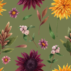 Fototapeta premium Pattern with flowers and watercolors