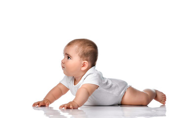 beautiful little baby, crawling isolated on white background