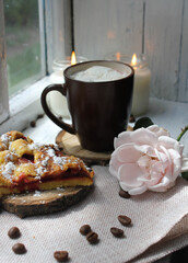coffee and cookies. autumn mood. cozy day with coffee and apple pie. autumn morning. cozy breakfast with hot chocolate and cake.  morning coffee with the rose. coffee with flowers. pink rose.