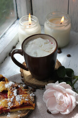 coffee and cookies. autumn mood. cozy day with coffee and apple pie. autumn morning. cozy breakfast with hot chocolate and cake.  morning coffee with the rose. coffee with flowers. pink rose.