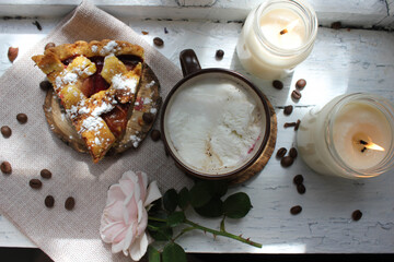 coffee and cookies. autumn mood. cozy day with coffee and apple pie. autumn morning. cozy breakfast with hot chocolate and cake.  morning coffee with the rose. coffee with flowers. pink rose.