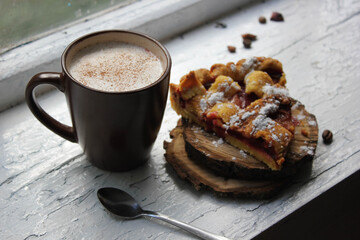 cup of coffee and chocolate cake. baked apple pie with chocolate