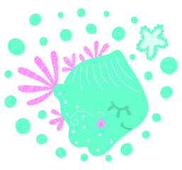 Fototapeta na wymiar Childish stylish isolated illustration of cute dreamy fish, starfish and bubbles on a white background. Cartoon underwater world in the Scandinavian style. For kids design, print, sticker. Vector.