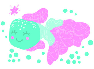 Illustration of cute cheerful blushing fish with, starfish and bubbles on a white background. Isolated design for baby products, nursery, clothing, poster, sticker in Scandinavian style. Vector.