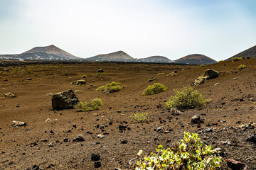 Paisajes del volcán Caldera colorada entre bombas volcánicas de Lanzarote