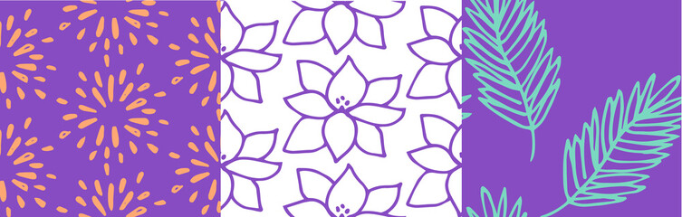 Hand drawn floral pattern with leaves yoga symbols Vector on solid background.