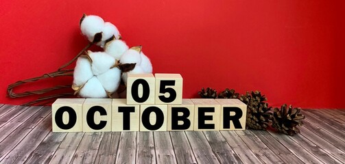 October 5 .October 5 on wooden cubes.Vase with cotton on a red background.Autumn .Calendar for October.