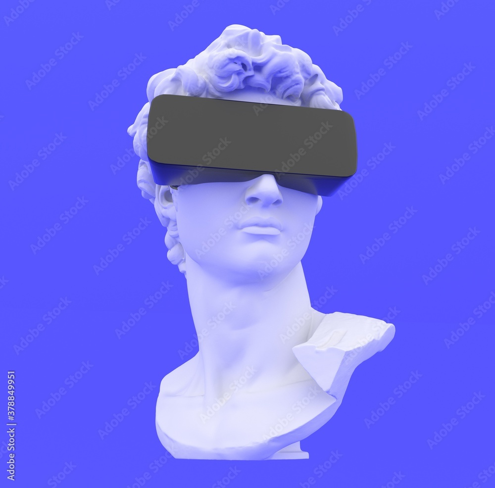 Poster postmodern style illustration from 3d rendering of classical head sculpture with vr visor headset on
