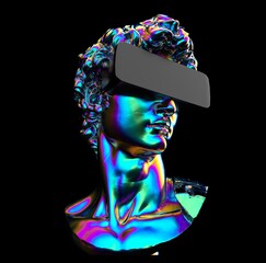 Classical head sculpture with VR visor headset. 3D rendered illustration in futuristic sci-fi style.