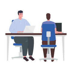men with laptops at desk working design of Work from home theme Vector illustration