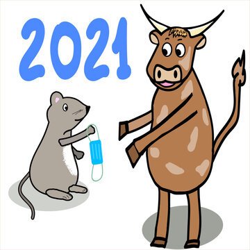 Vector hand drawn illustration in doodle style with symbol of the 2021 year,rat and bull from chinese zodiac with mask,bull takes medical mask from rat cartoon image,new year postcard,calendar design