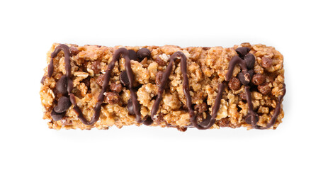 Crunchy granola bar with chocolate on white background, top view