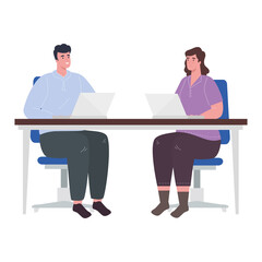 woman and man with laptops at desk working design of Work from home theme Vector illustration