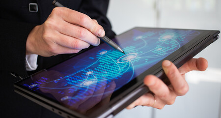 hand touching tablet screen global connection