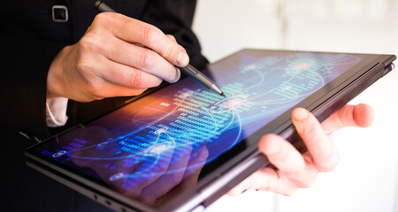 hand touching tablet screen global connection