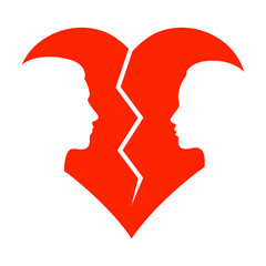 silhouette of man and woman with broken heart on white background