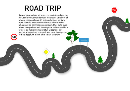 Road trip. Follow the winding path with two navigation pointers. The starting and ending point of the stop. The route of the car on the map. Highway with signs and trees on the way. Vector