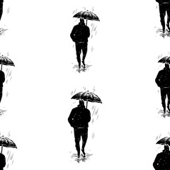 Seamless background of silhouette townsman walking under umbrella in rain