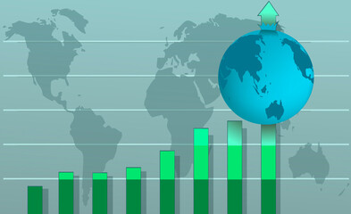 Globe on a bar graph with the world map in the background