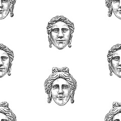 Seamless pattern of sketches architectural details in form of female heads