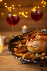 The traditional food for Thanksgiving dinner on wooden background.
