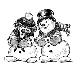 Sketch of couple cheerful loving snowmen in december