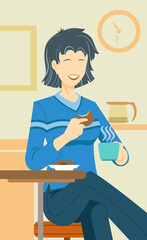 Young woman sitting at a cafe holding a cup of coffee