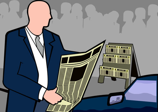 Businessman reading a newspaper near a car