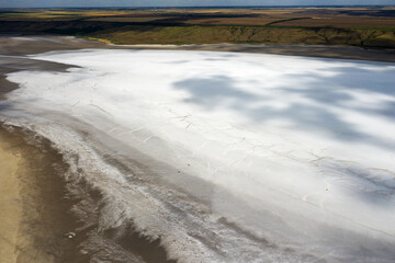 Amazing beauty of drying Kuyalnik estuary from bird's flight. Top view of coastal zone of ecological reserve Kuyalnik estuary, Odessa, Ukraine. Aerial view from drone to sea estuaries in suburban