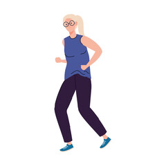 Senior woman cartoon with glasses running design, grandmother and old female person theme Vector illustration