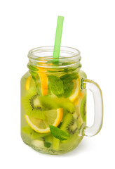 Cold fresh detox beverage of kiwi, lemon, mint leaves with water in jar glass , isolated on white background
