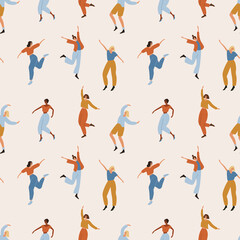 Fototapeta na wymiar Group of smiling dancing girls seamless pattern. Young happy female dancers party background. Women dancing. Cartoon flat style vector illustration