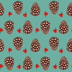 Watercolor pattern design with cone and berries. Seamless digital paper.