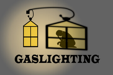 Gaslight with silhouette of woman in shadow, Gaslighting in abusive relationship  where  an abuser  in order to gain more power and control, makes a victim question their reality, concept illustration