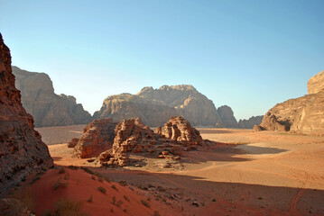 Scenery view of the Wadi Rum desert. Huge rocks, sand dune and the valley.