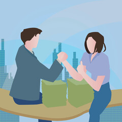 Businessman and a businesswoman arm wrestling