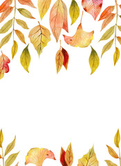 Card template, frame of watercolor fall red and yellow leaves; hand painted illustration on a white background for invitation, greeting card