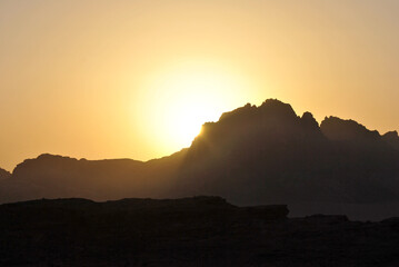 Evening sun over the rocks in Wadi Rum desert