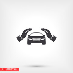 Car pictogram. icon. Eps 10 vector. Flat design of machine and hands. two hands cover the car. Insurance Company. the car is covered. car shelter 10 eps