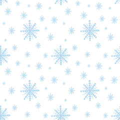 Seamless pattern with blue snowflakes, hand drawn on a white background
